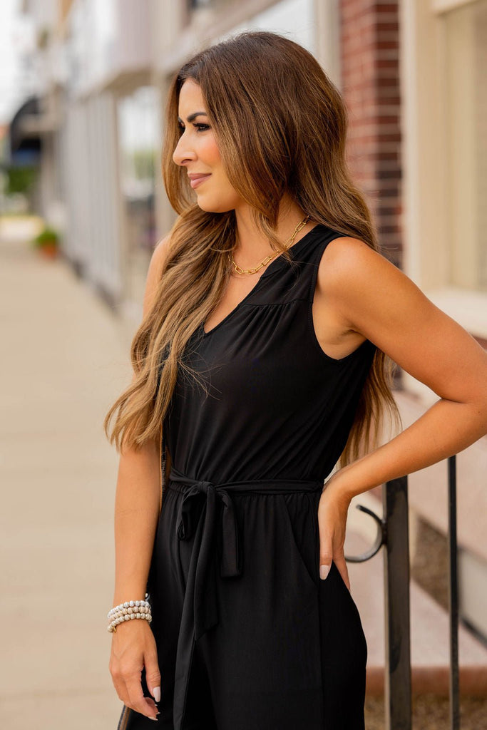 Tie Waist V Jumpsuit - Betsey's Boutique Shop -