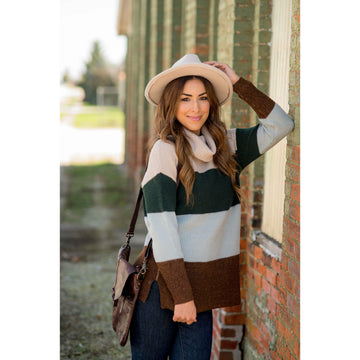 Color Block Side Slit Cowl Neck Sweater - Betsey's Boutique Shop - Outerwear