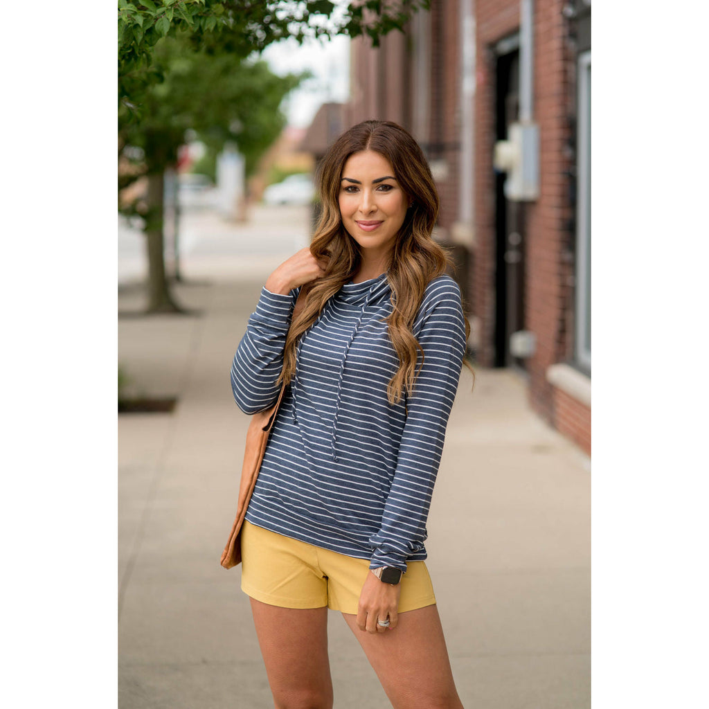 Striped Cowl Neck Drawstring Sweatshirt - Betsey's Boutique Shop