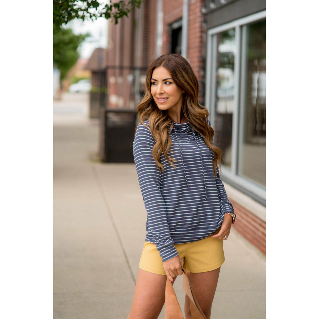 Striped Cowl Neck Drawstring Sweatshirt - Betsey's Boutique Shop