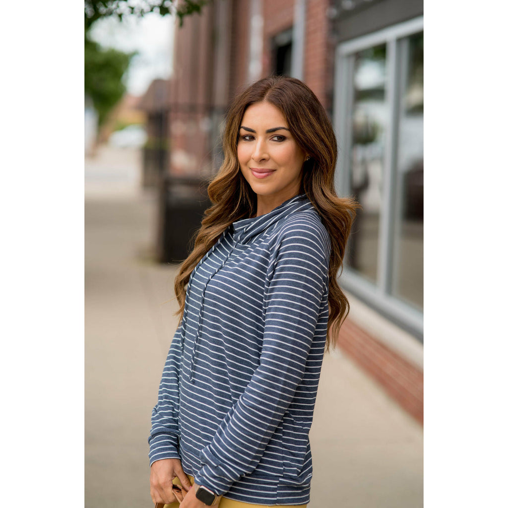 Striped Cowl Neck Drawstring Sweatshirt - Betsey's Boutique Shop