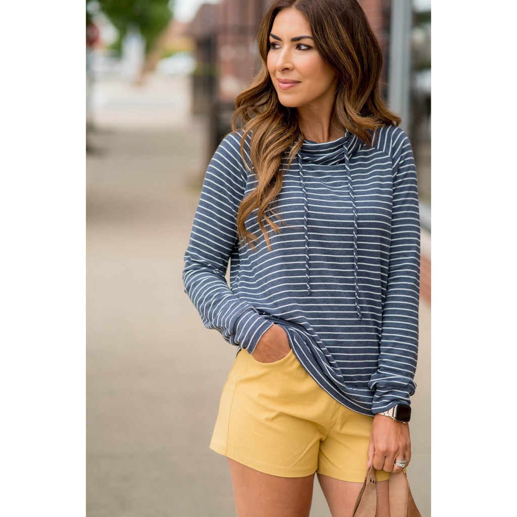 Striped Cowl Neck Drawstring Sweatshirt - Betsey's Boutique Shop