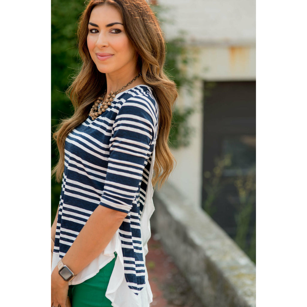 Triple Striped Ruffle Back Wrapped Tee - Betsey's Boutique Shop