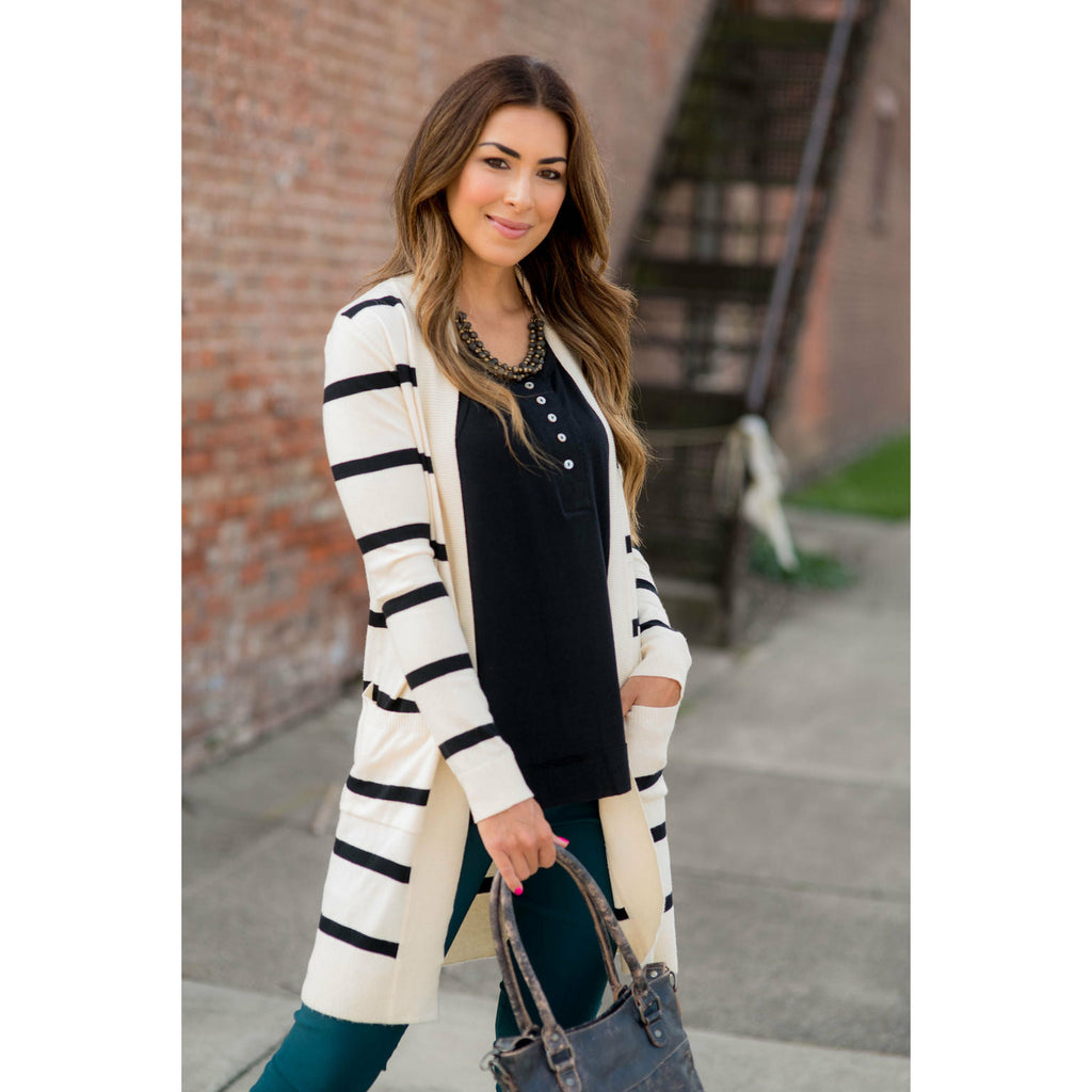 Striped Butter Soft Tunic Cardigan -Cream - Betsey's Boutique Shop