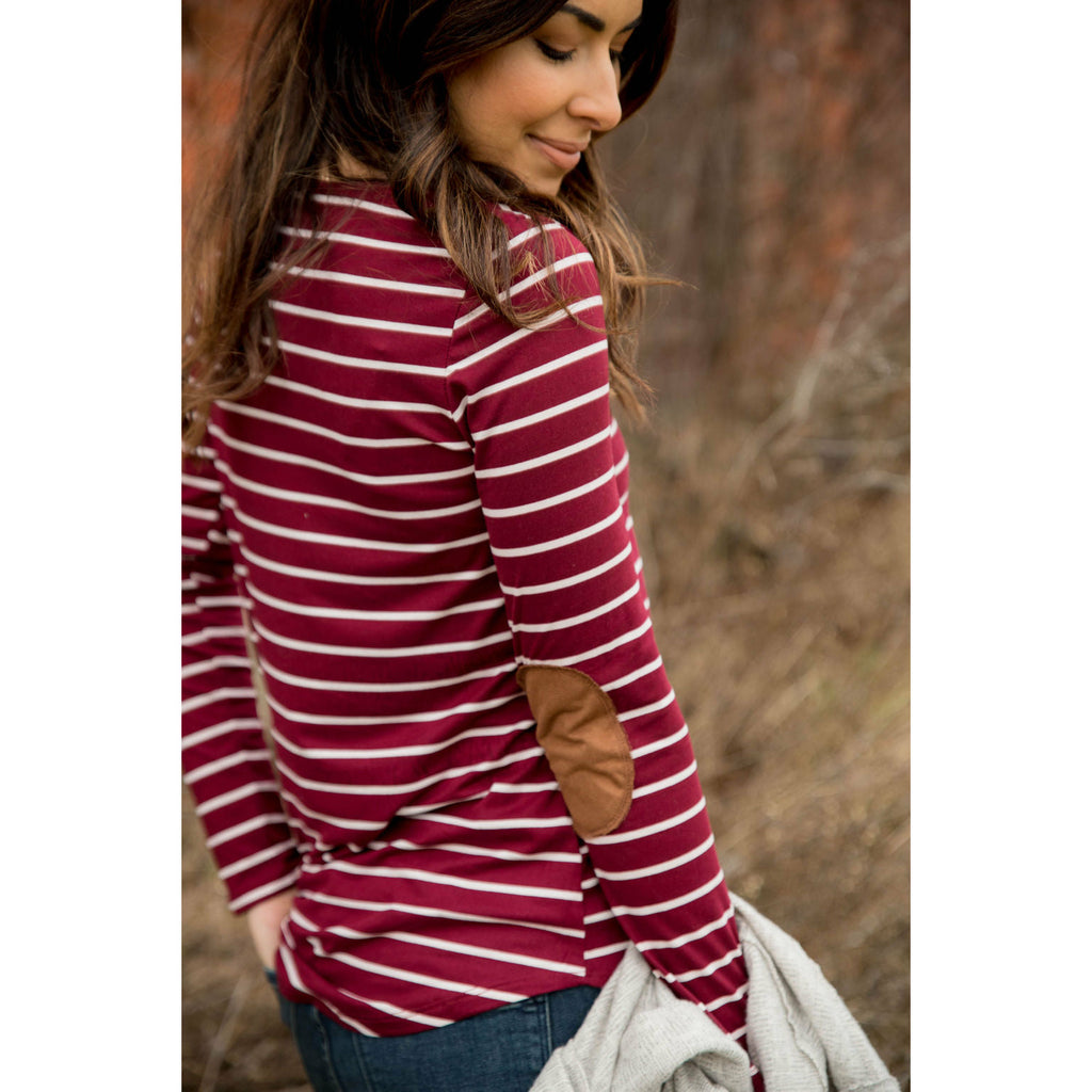 White Striped Elbow Patch Tee - Betsey's Boutique Shop