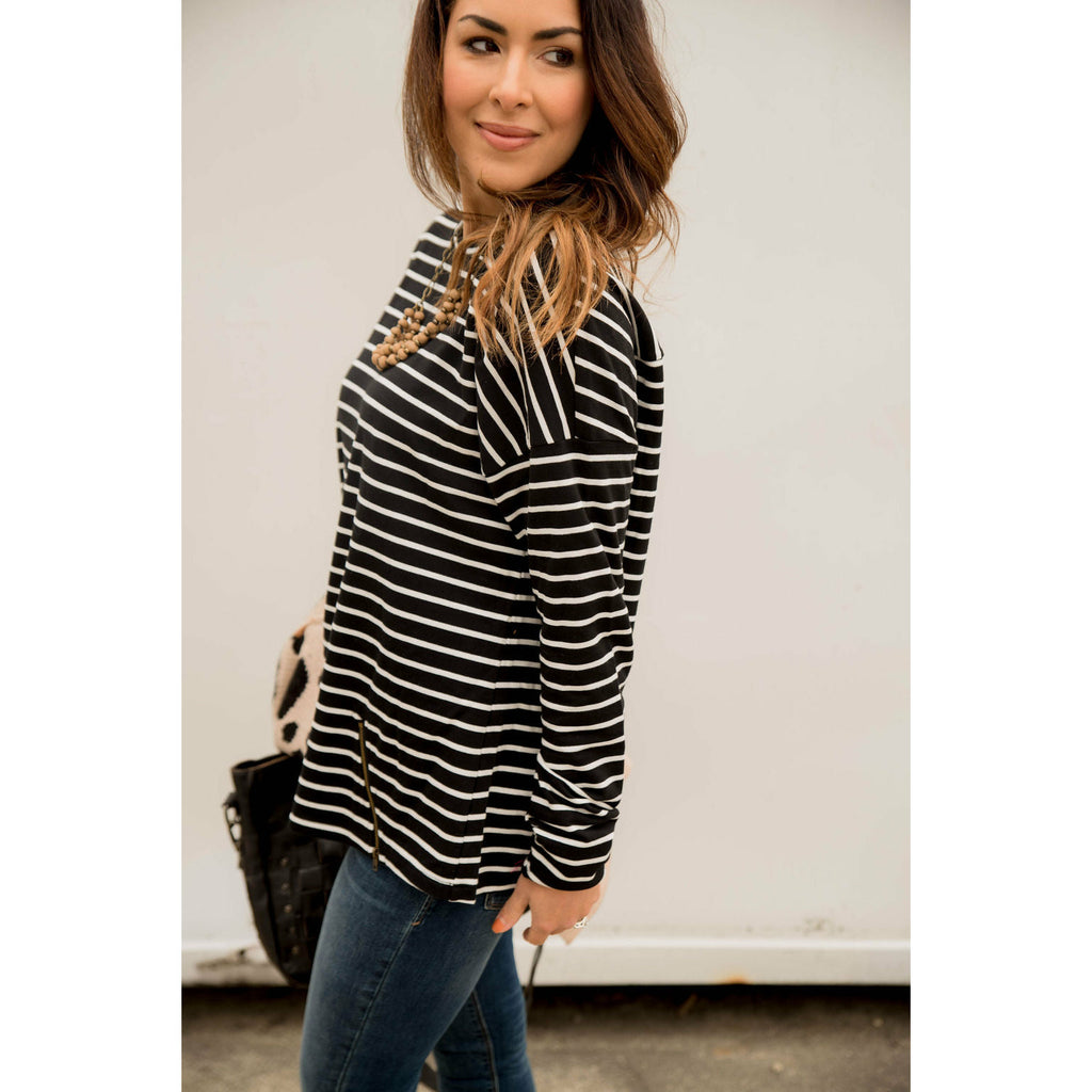 Mixed Stripe Zipper Bottom Sweatshirt - Betsey's Boutique Shop