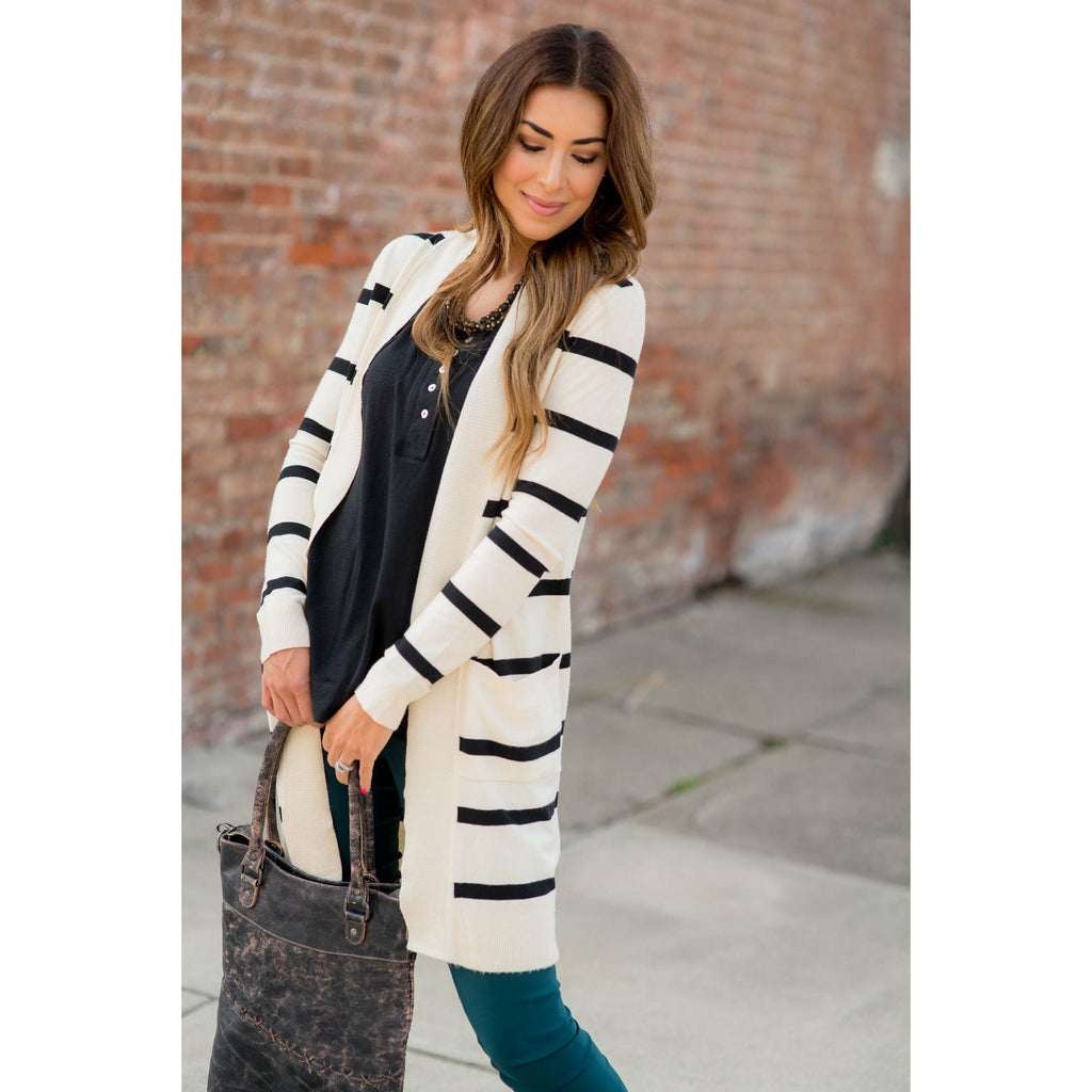 Striped Butter Soft Tunic Cardigan -Cream - Betsey's Boutique Shop