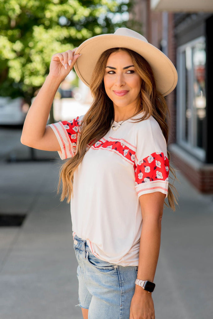 Floral Stripe Raw Stitched Tee - Betsey's Boutique Shop