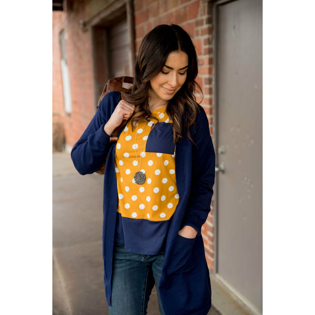 Navy Trimmed Polka Dot Pocket Tee - Betsey's Boutique Shop