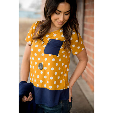 Navy Trimmed Polka Dot Pocket Tee - Betsey's Boutique Shop