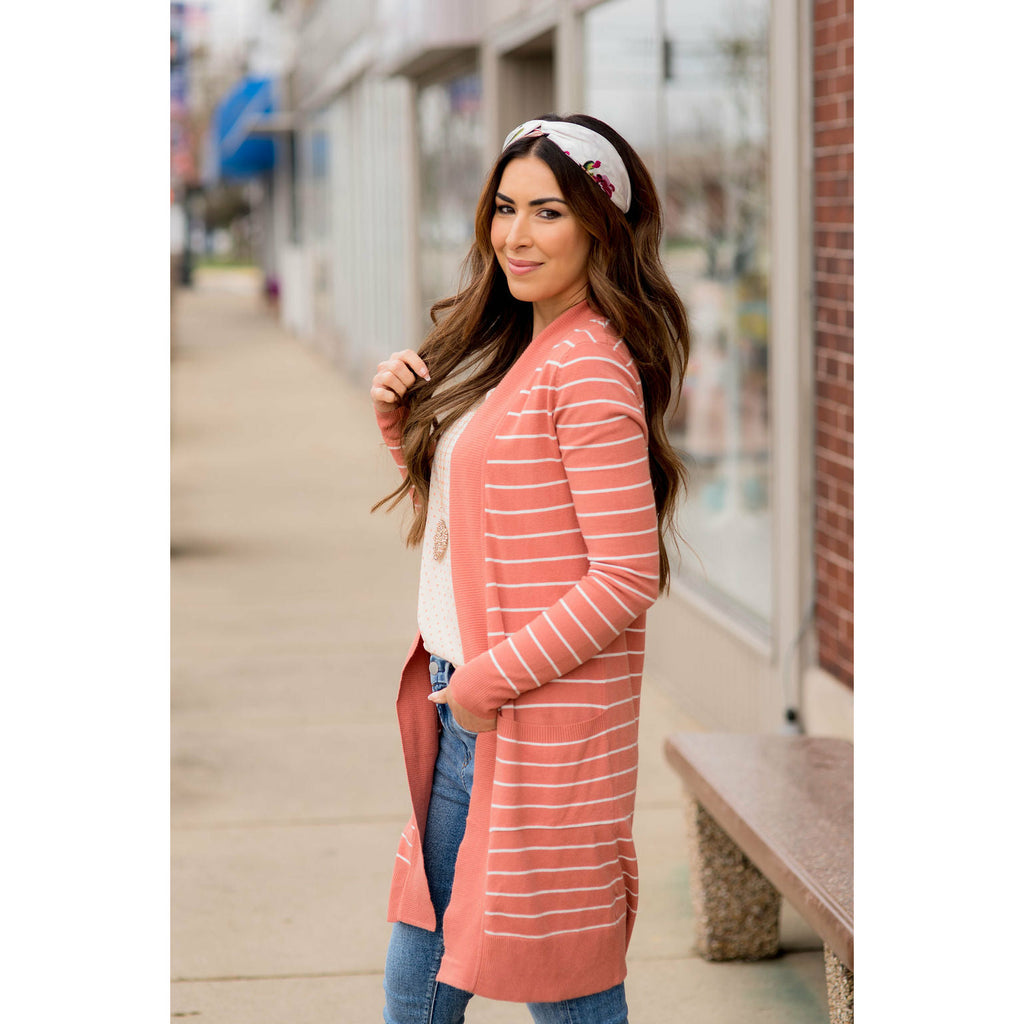 Ribbed Trim Striped Tunic Cardigan - Betsey's Boutique Shop - Coats & Jackets