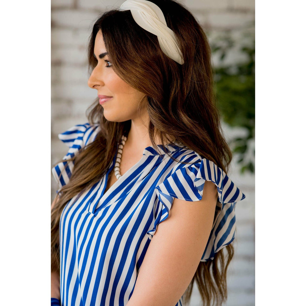 Striped Flutter Sleeve V-Neck Blouse - Betsey's Boutique Shop