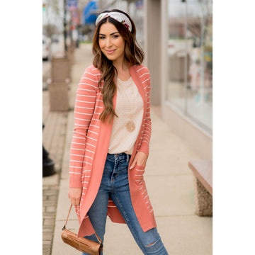 Ribbed Trim Striped Tunic Cardigan - Betsey's Boutique Shop - Coats & Jackets