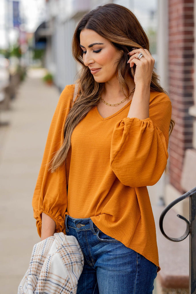 Balloon Sleeve V Blouse - Betsey's Boutique Shop -