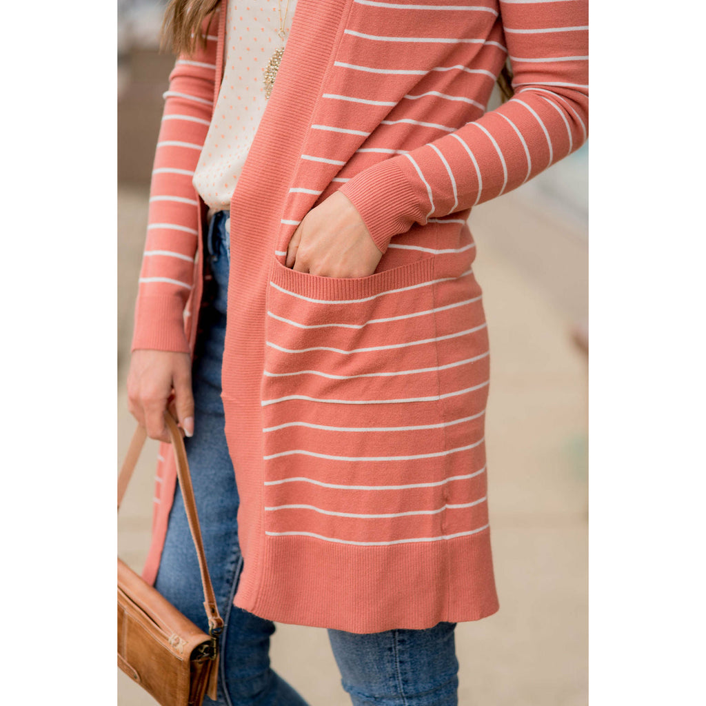 Ribbed Trim Striped Tunic Cardigan - Betsey's Boutique Shop - Coats & Jackets