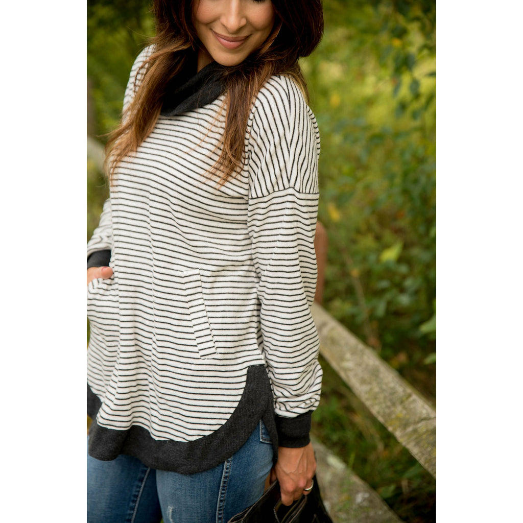 Solid Trimmed Striped Cowl Neck - Betsey's Boutique Shop