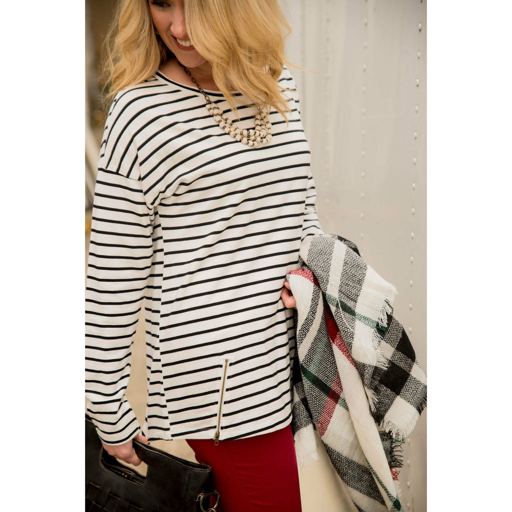 Mixed Stripe Zipper Bottom Sweatshirt - Betsey's Boutique Shop