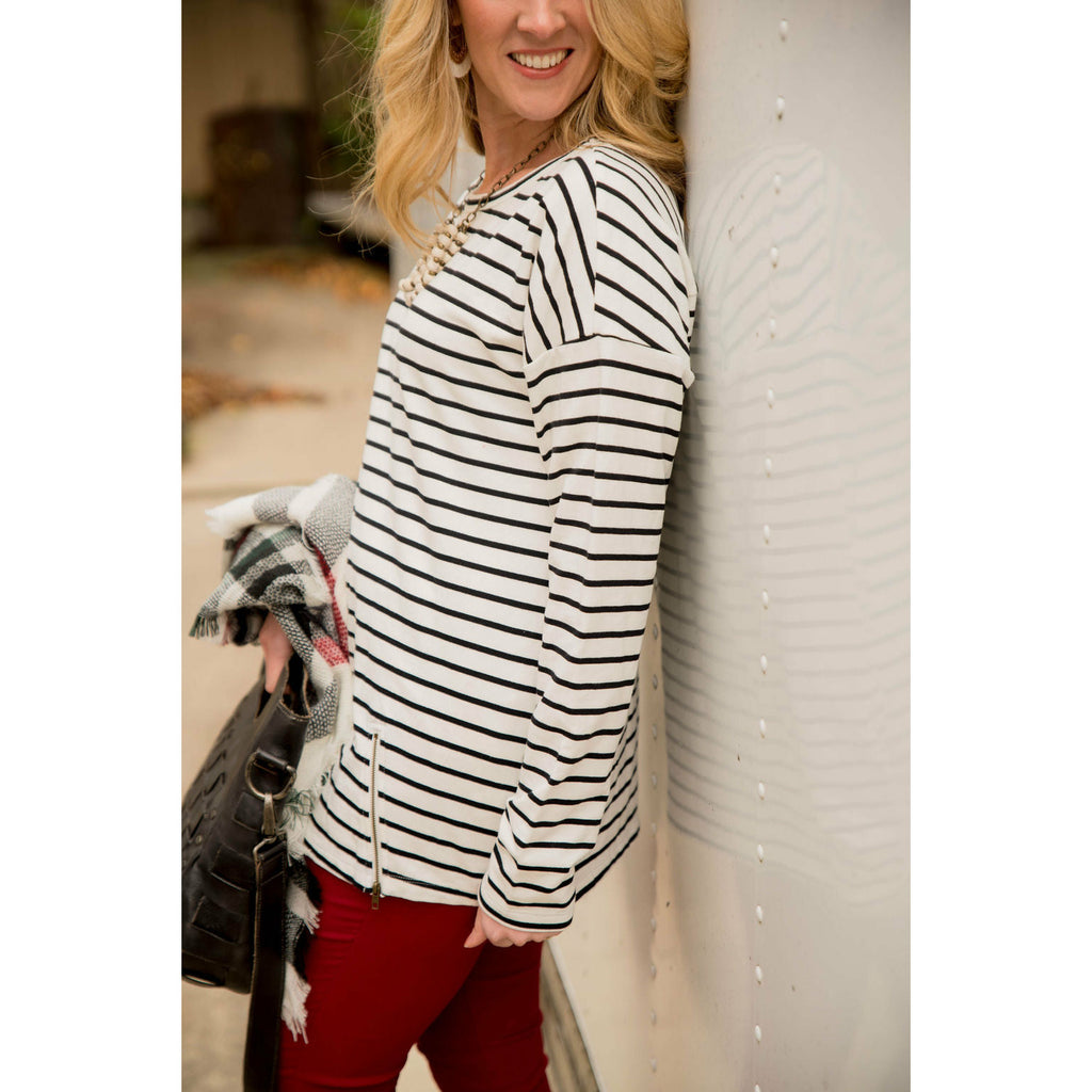 Mixed Stripe Zipper Bottom Sweatshirt - Betsey's Boutique Shop