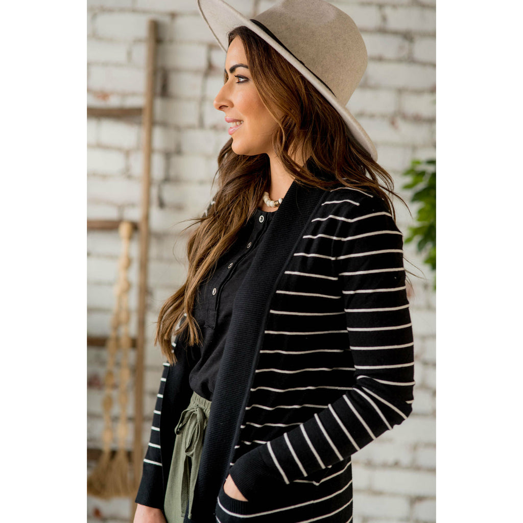 Ribbed Trim Striped Tunic Cardigan - Betsey's Boutique Shop - Coats & Jackets