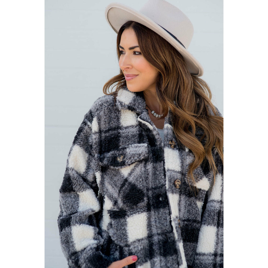 Fuzzy Plaid Jacket - Betsey's Boutique Shop