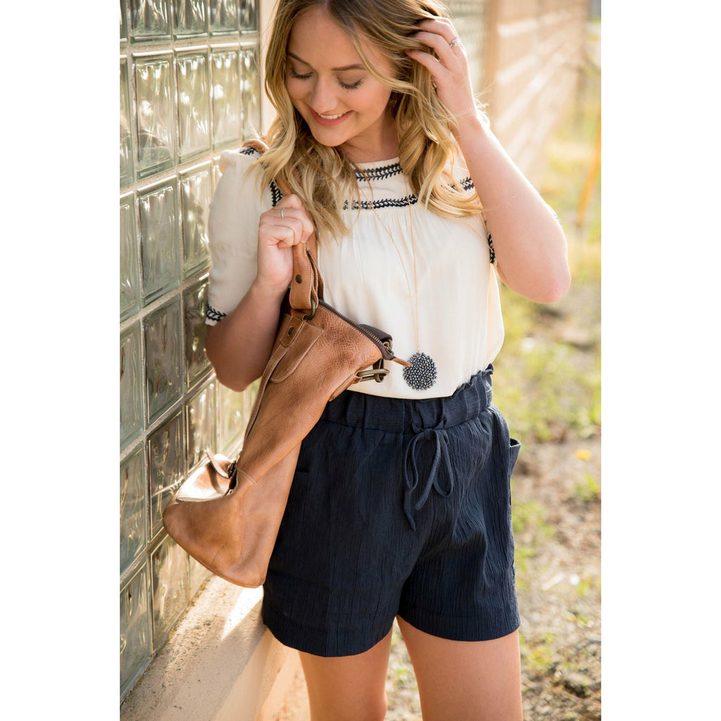 Stitched Trimmed Short Sleeve Blouse - Betsey's Boutique Shop