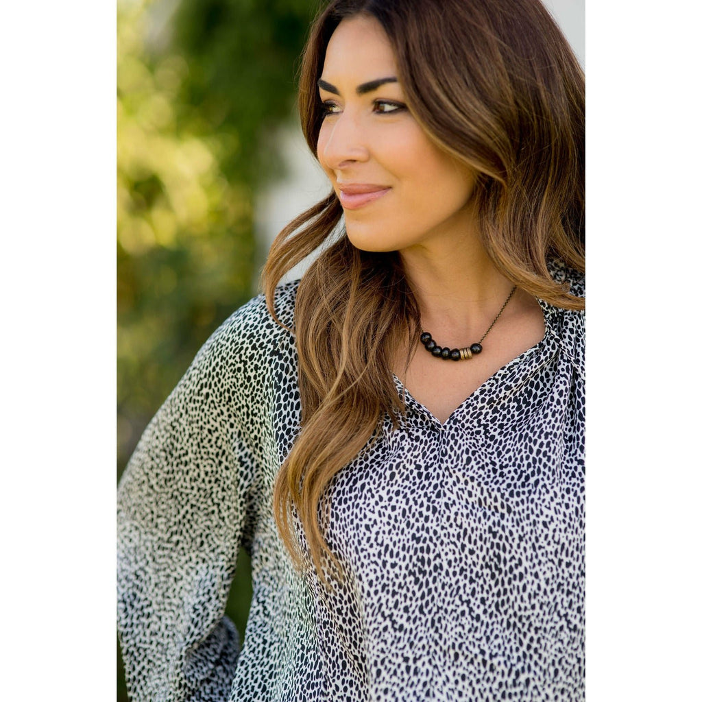 Cinch Sleeve V-Neck Cheetah Blouse - Betsey's Boutique Shop