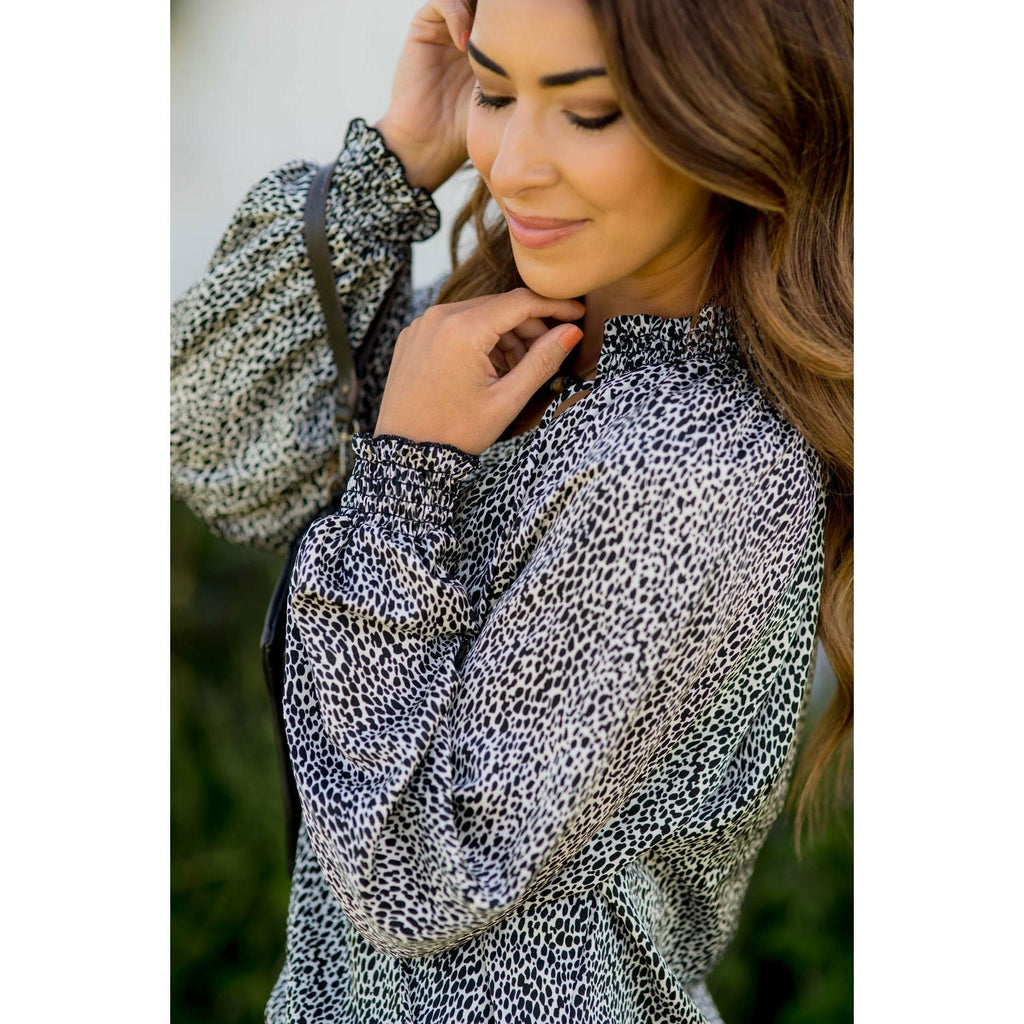 Cinch Sleeve V-Neck Cheetah Blouse - Betsey's Boutique Shop