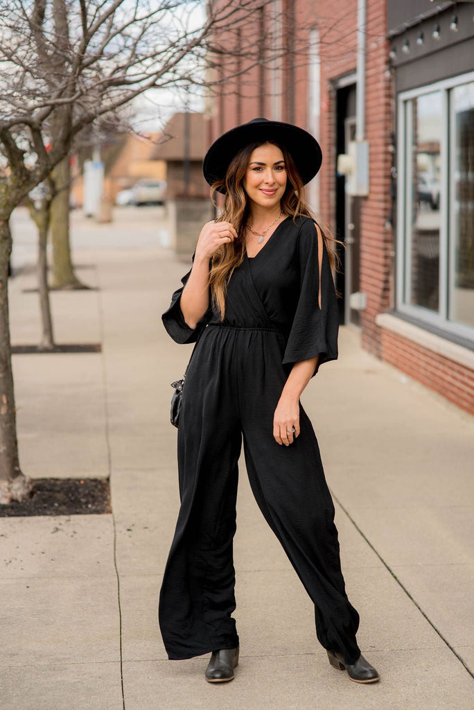 Slit Sleeve Wrap Jumpsuit - Betsey's Boutique Shop -