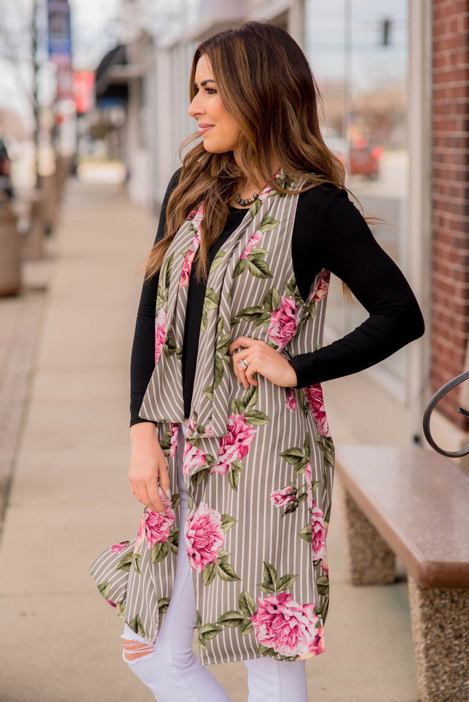 Grey Floral Striped Kimono - Betsey's Boutique Shop