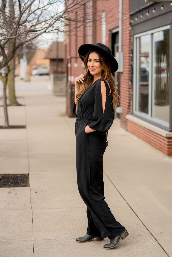 Slit Sleeve Wrap Jumpsuit - Betsey's Boutique Shop -