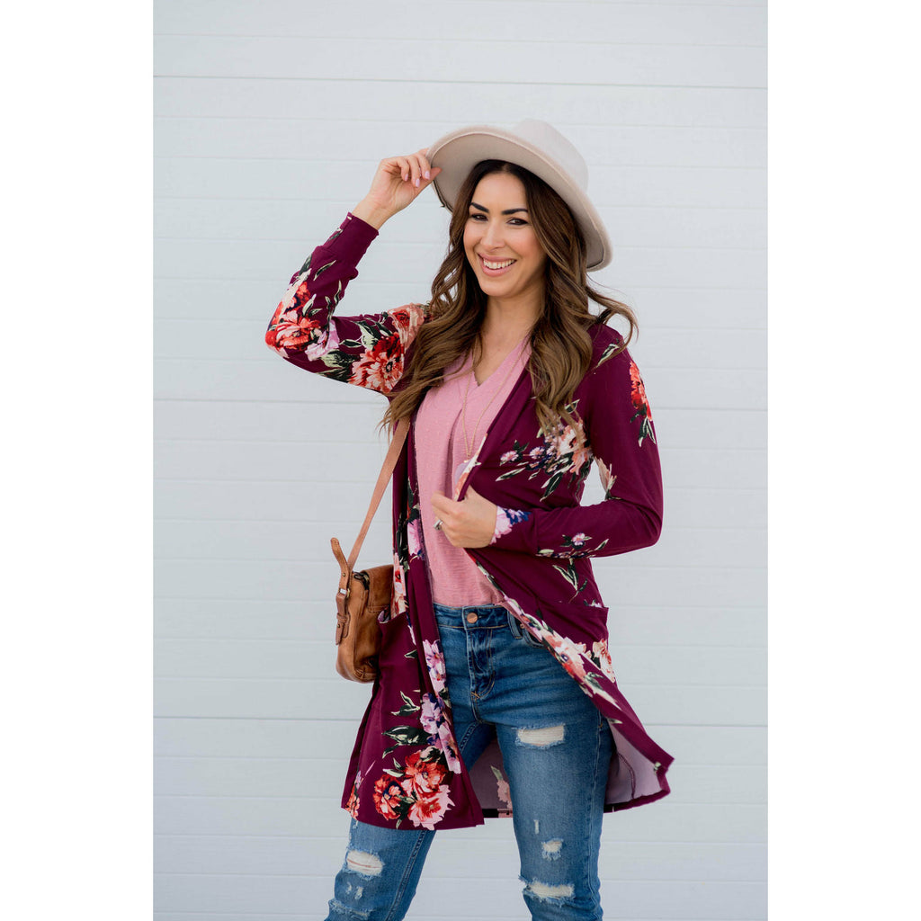 Floral Garden Burgundy Tunic Cardigan - Betsey's Boutique Shop