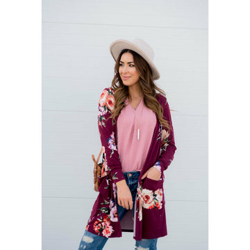 Floral Garden Burgundy Tunic Cardigan - Betsey's Boutique Shop