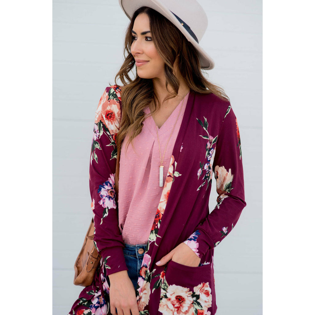 Floral Garden Burgundy Tunic Cardigan - Betsey's Boutique Shop