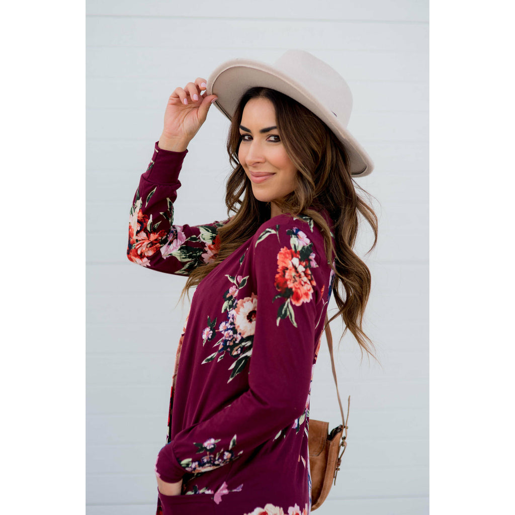 Floral Garden Burgundy Tunic Cardigan - Betsey's Boutique Shop