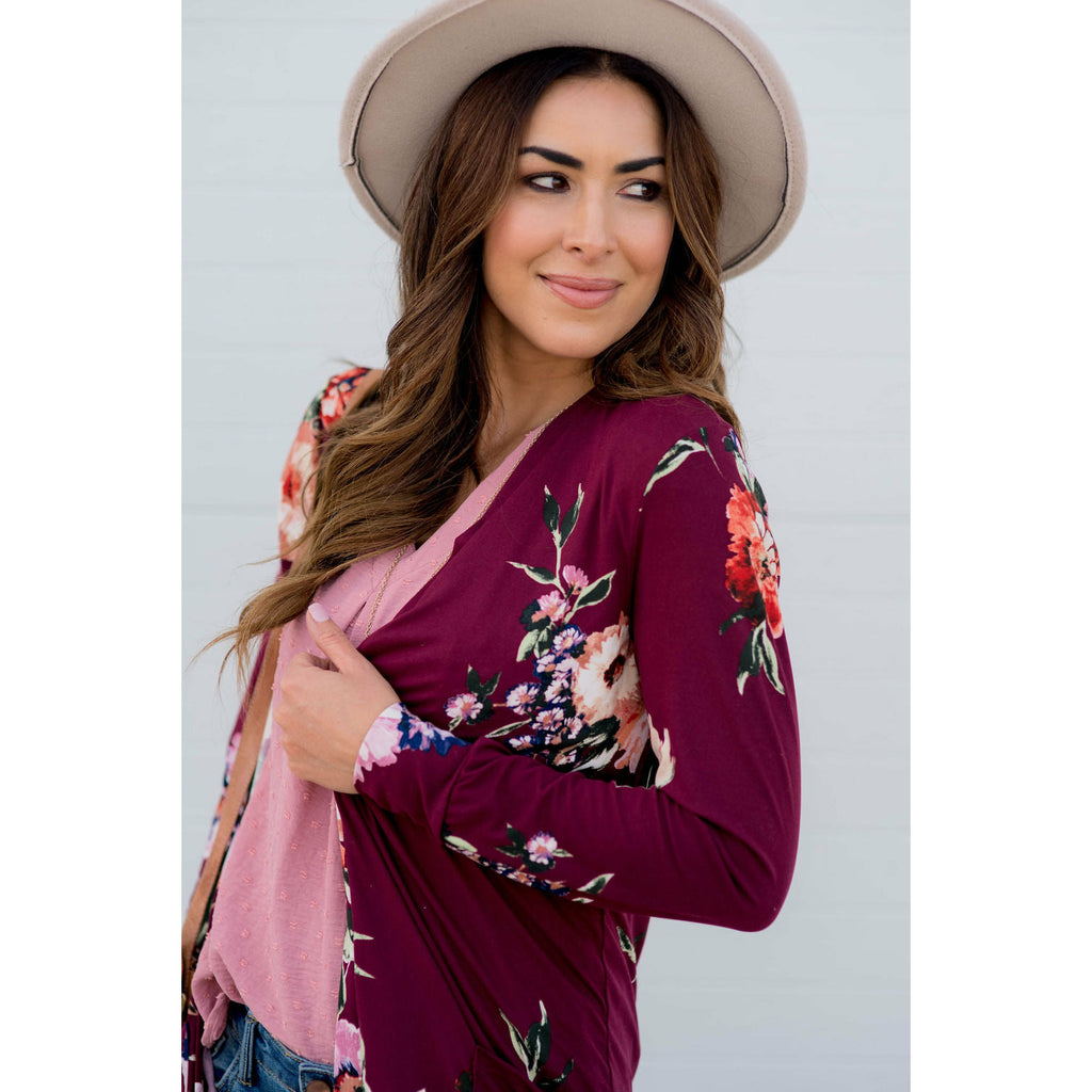 Floral Garden Burgundy Tunic Cardigan - Betsey's Boutique Shop