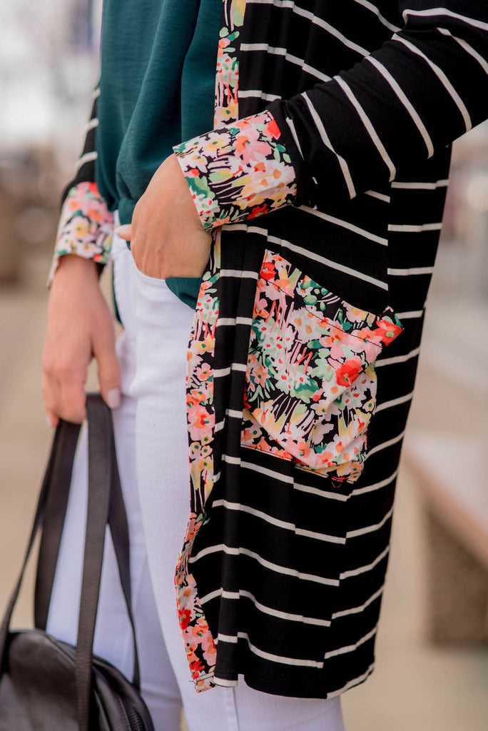 Floral Trimmed Pocket Cardigan - Betsey's Boutique Shop - Coats & Jackets