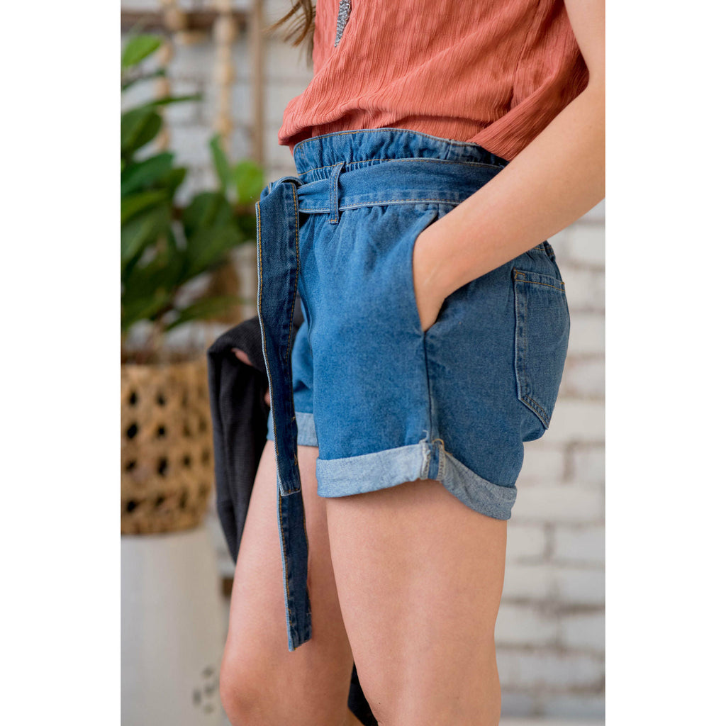 Denim Tie Top Paper Bag Shorts - Betsey's Boutique Shop