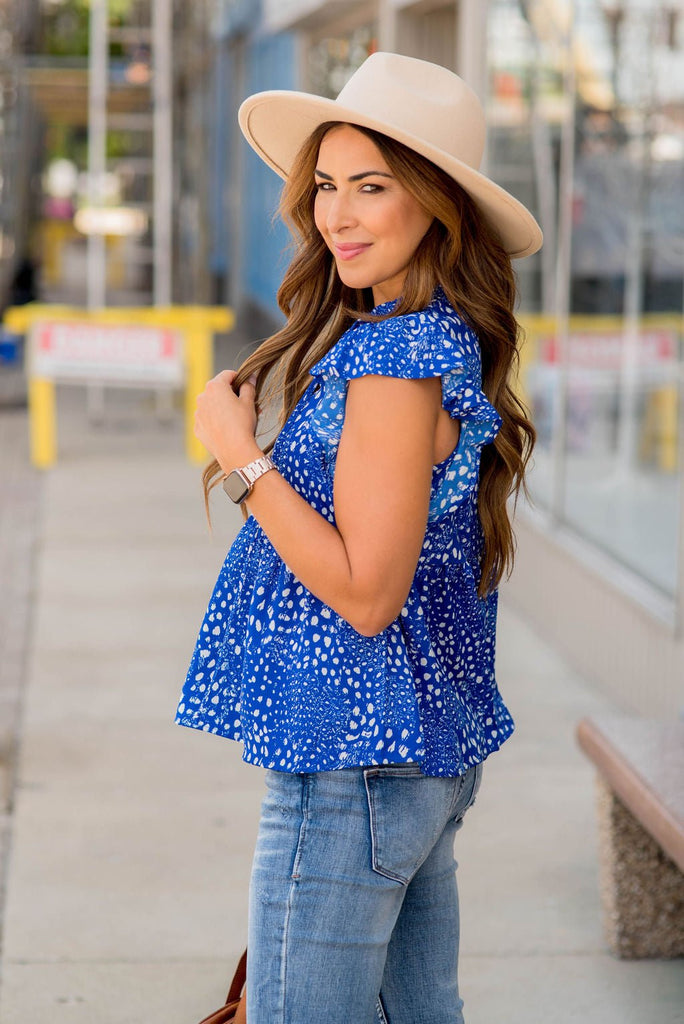 Mixed Spots Flutter Down V Blouse - Betsey's Boutique Shop