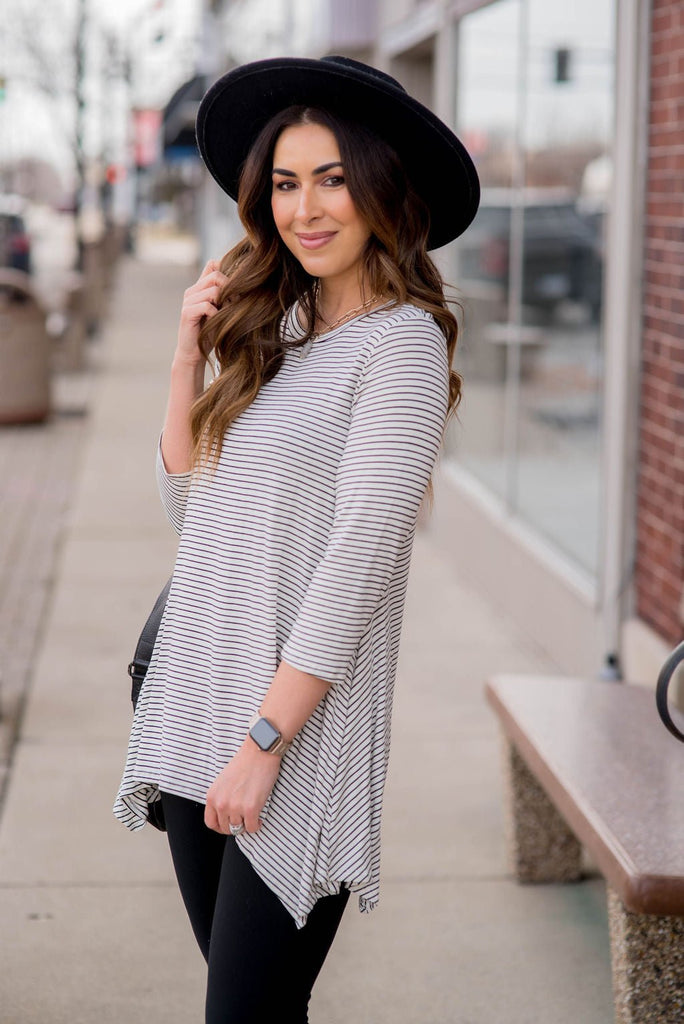 Thin Striped Sharkbite Tunic Tee - Betsey's Boutique Shop -