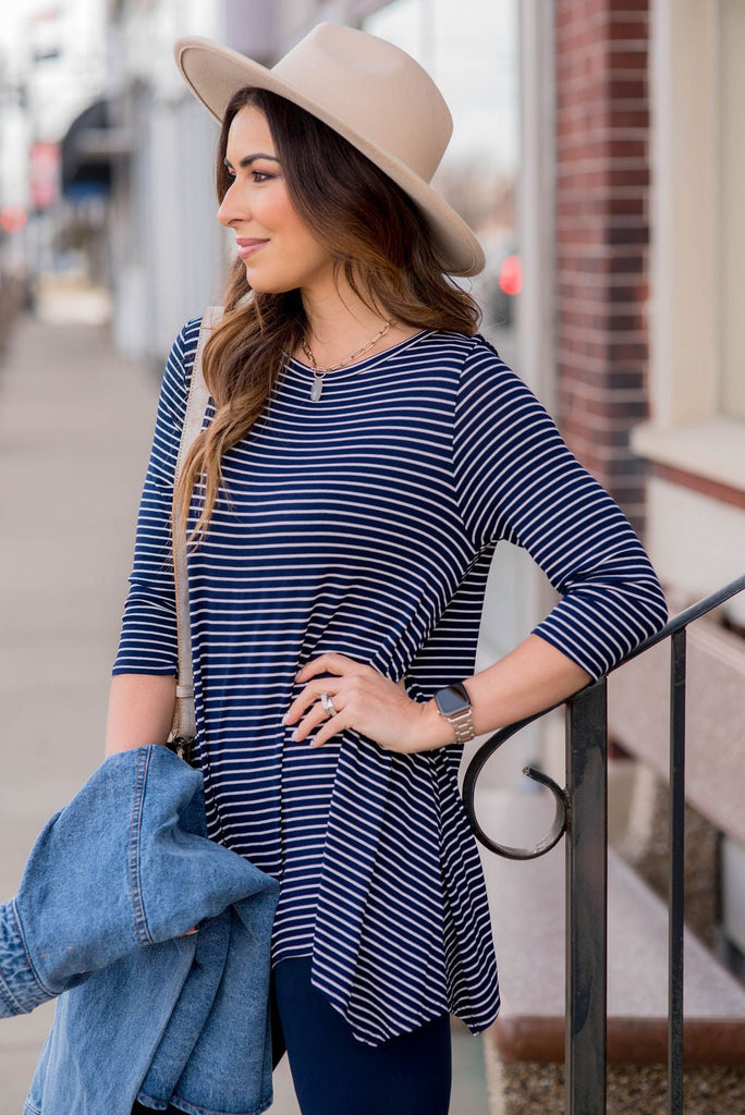 Thin Striped Sharkbite Tunic Tee - Betsey's Boutique Shop -