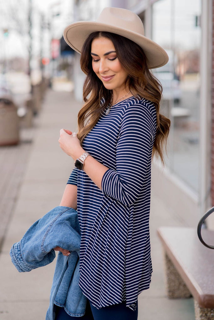 Thin Striped Sharkbite Tunic Tee - Betsey's Boutique Shop -