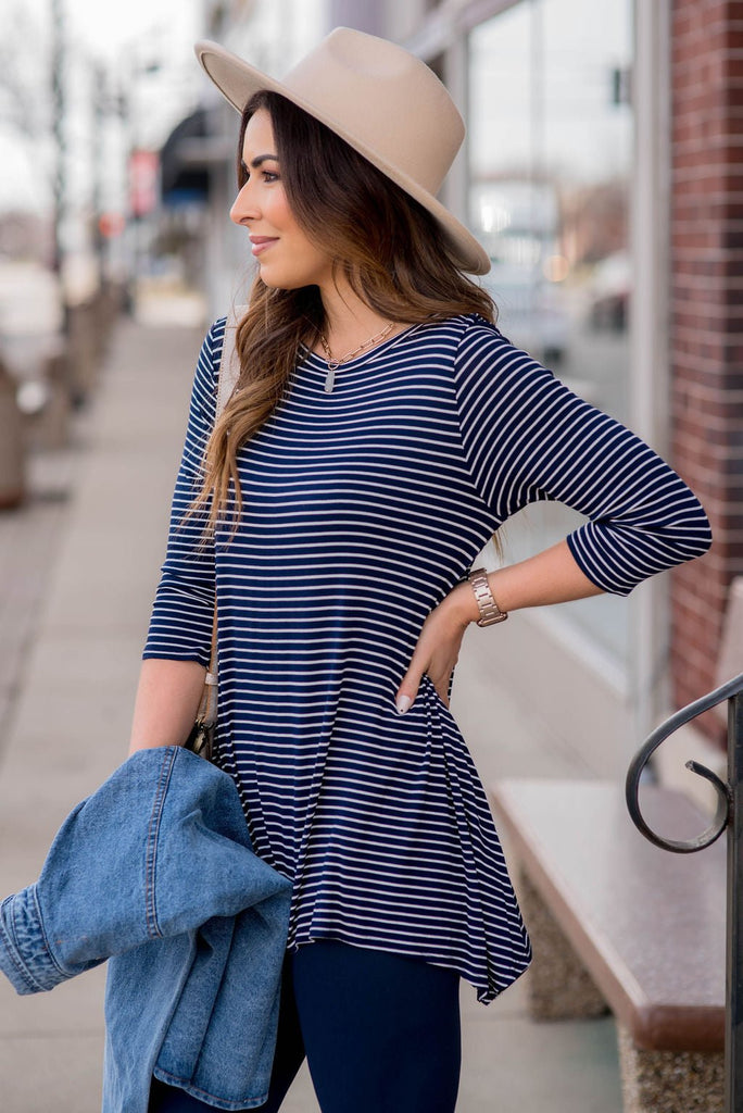 Thin Striped Sharkbite Tunic Tee - Betsey's Boutique Shop -