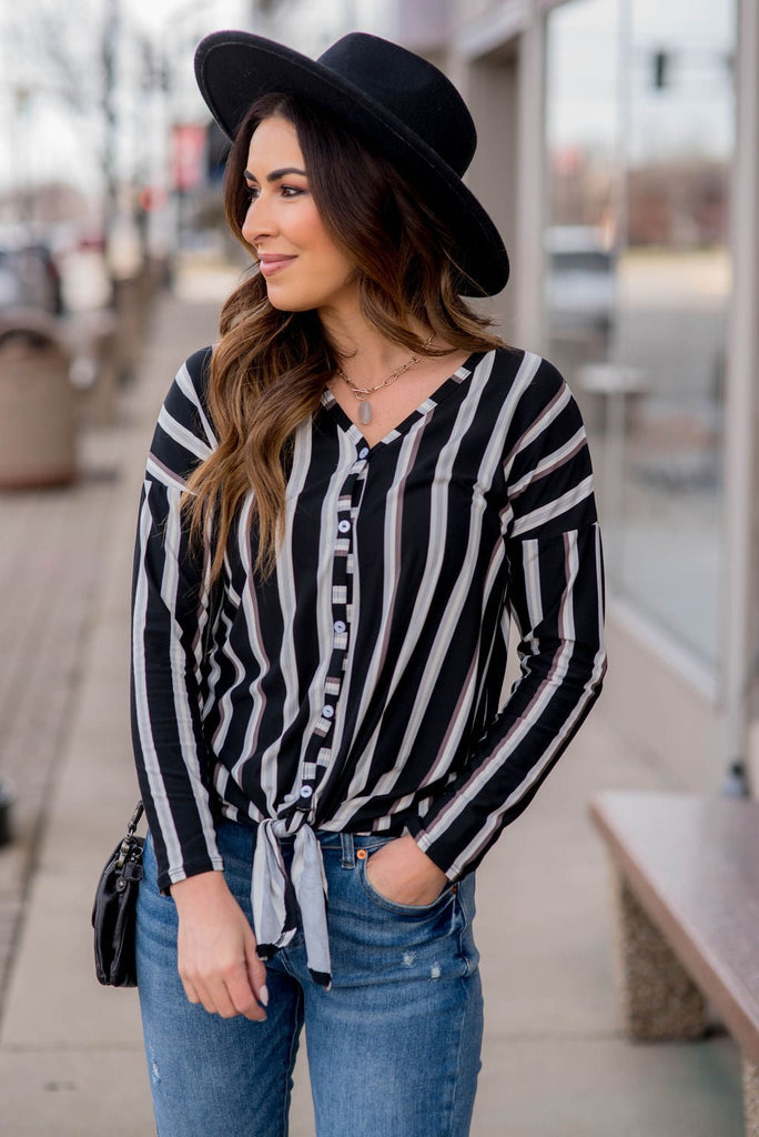 Button Up Vertical Stripe Tie Bottom Blouse - Betsey's Boutique Shop