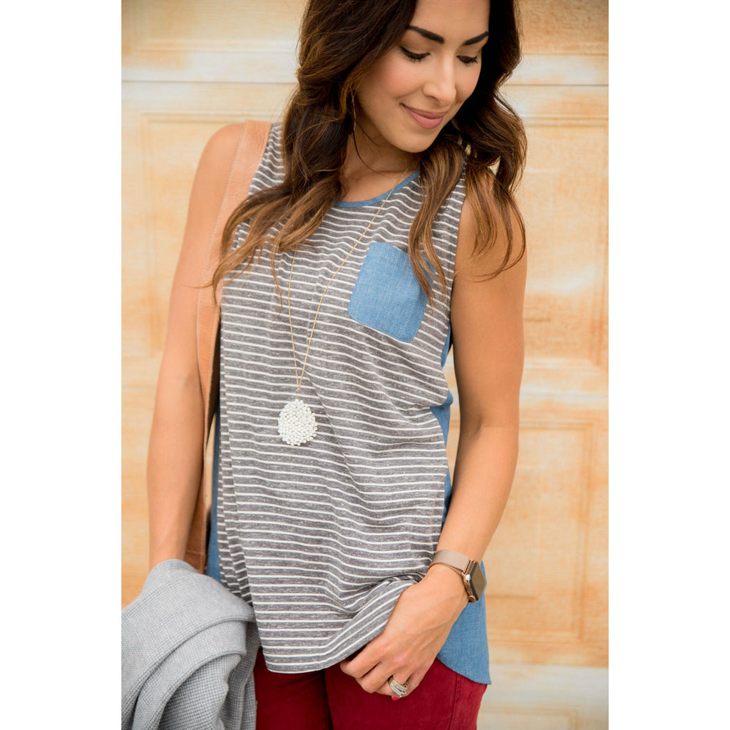 Striped Chambray Back Tank - Betsey's Boutique Shop