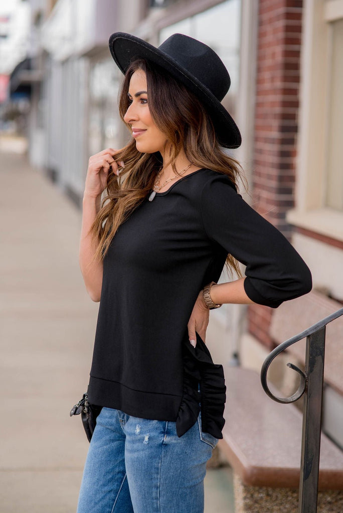 Ruffle Side Slit 3/4 Sleeve Tee - Betsey's Boutique Shop -