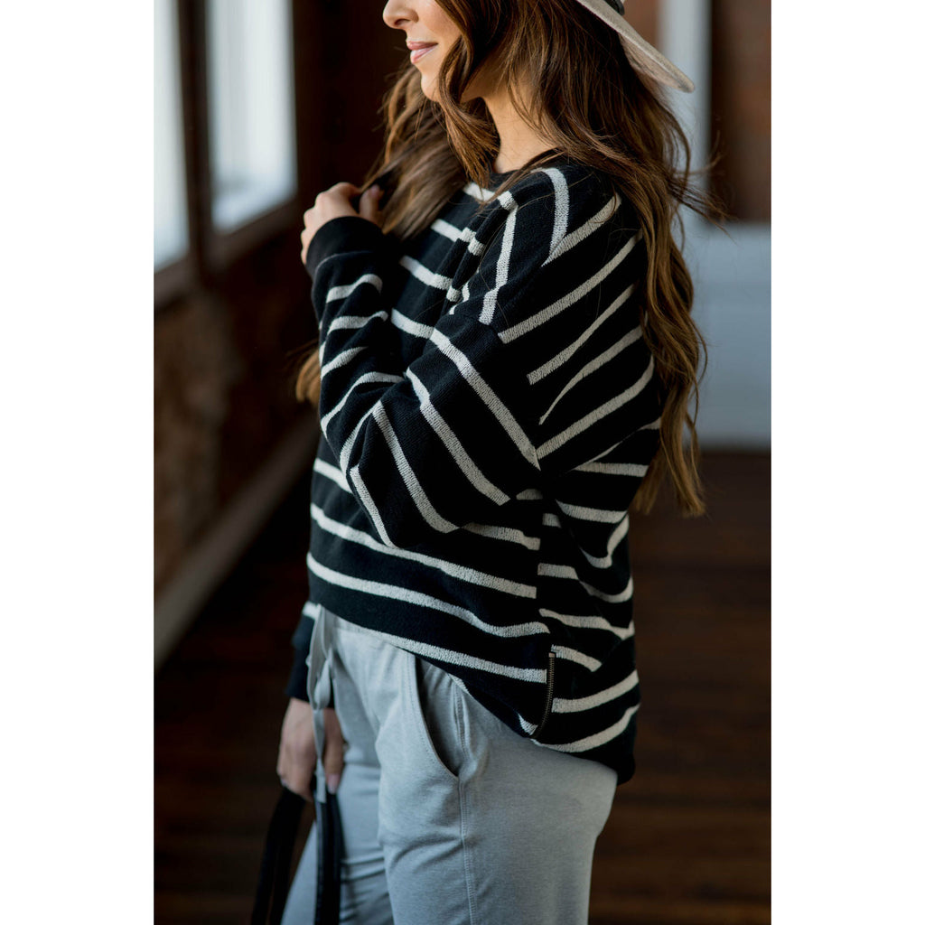 Sassy Side Zipper Striped Sweatshirt - Betsey's Boutique Shop