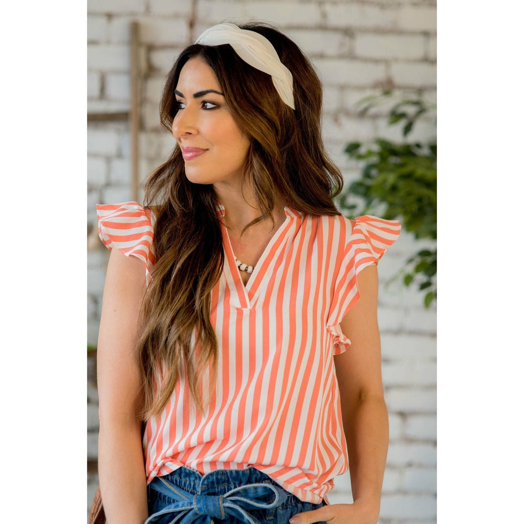 Striped Flutter Sleeve V-Neck Blouse - Betsey's Boutique Shop