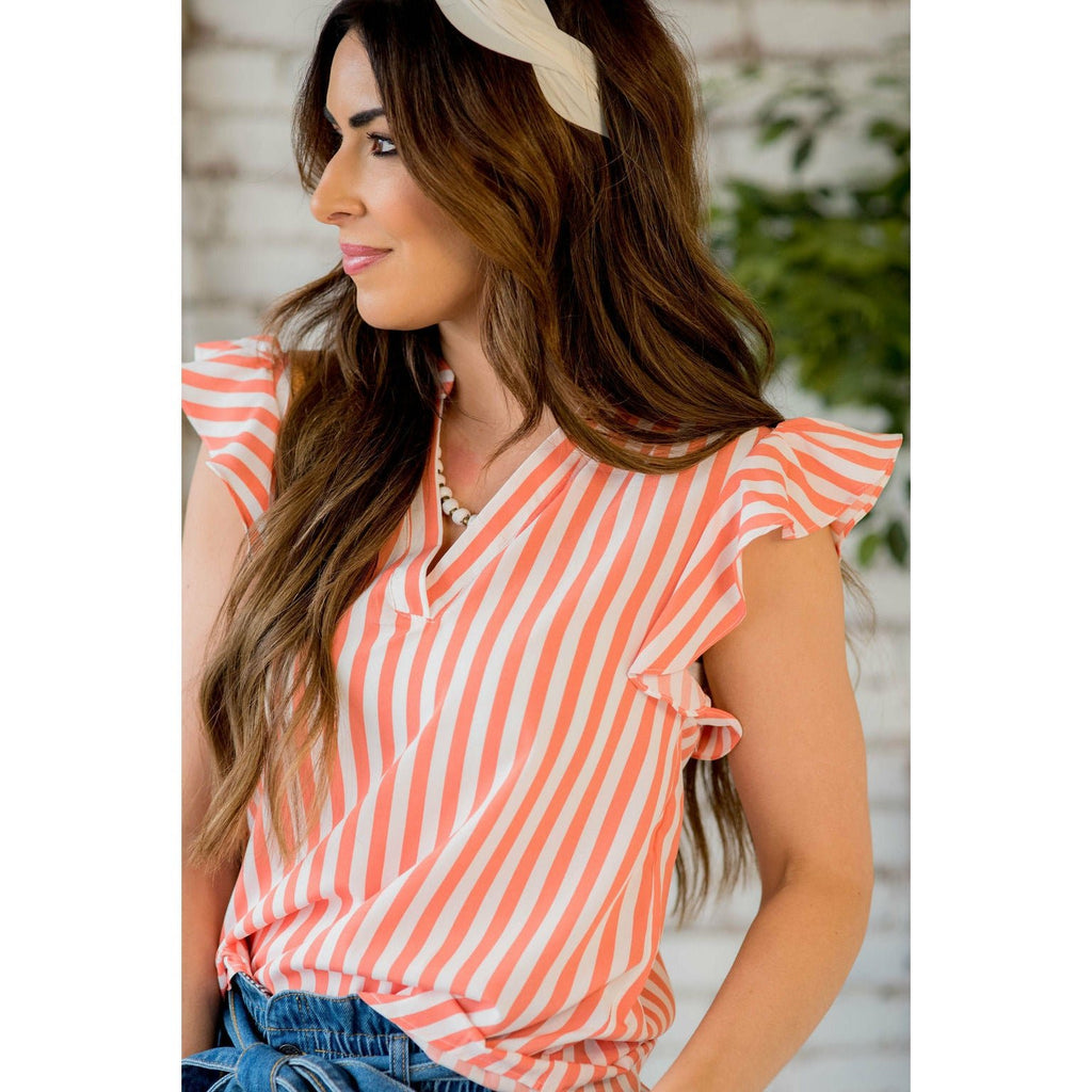 Striped Flutter Sleeve V-Neck Blouse - Betsey's Boutique Shop