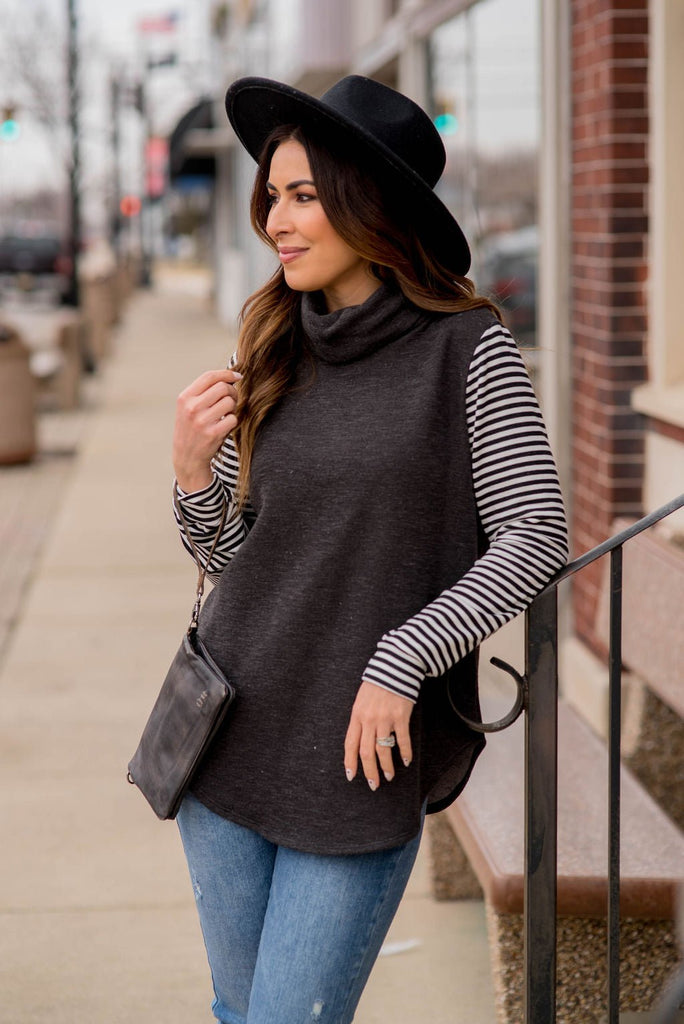 Heathered Striped Sleeve Cowl Neck Sweatshirt - Betsey's Boutique Shop -