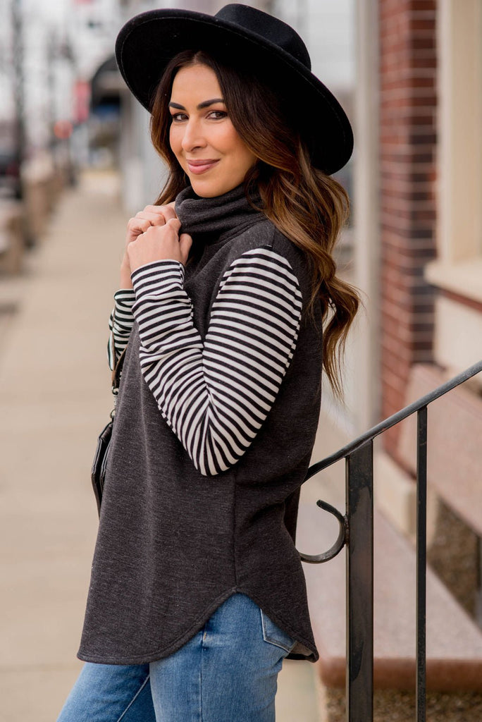 Heathered Striped Sleeve Cowl Neck Sweatshirt - Betsey's Boutique Shop -